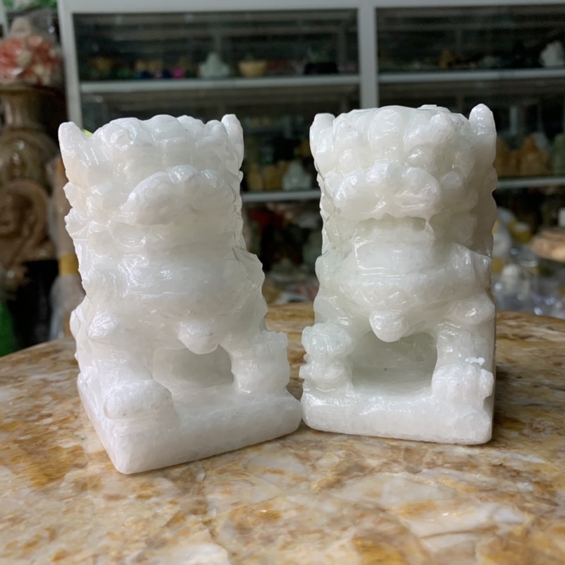 Cặp Kỳ Lân  Phong Thuỷ Đá Cẩm Thạch Trắng - cao 10cm