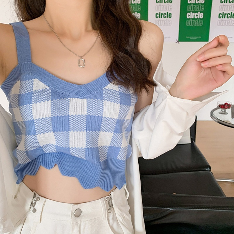 Áo Croptop Dệt Kim Sát Nách Hở Lưng Cổ Chữ V Họa Tiết Sọc Caro Màu Sắc Tương Phản Quyến Rũ Cho Nữ
