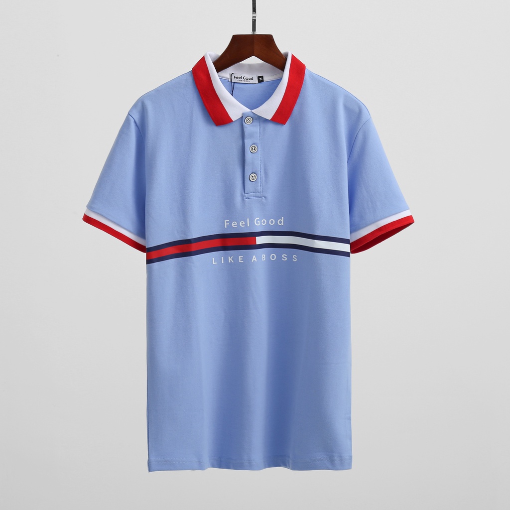 Áo Polo Nam FEEL GOOD có cổ bẻ HỌA TIẾT in ngực cao cấp đẹp vải cá sấu cotton màu Xanh Biển