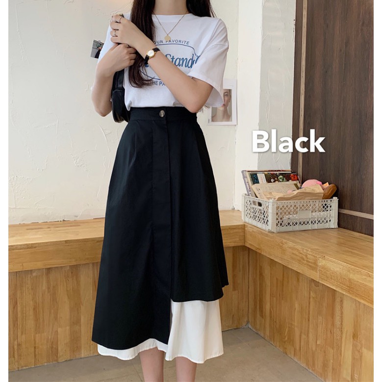 Chân váy dài ulzzang xòe vạt lệch phối đen trắng phong cách Hàn Quốc | BigBuy360 - bigbuy360.vn