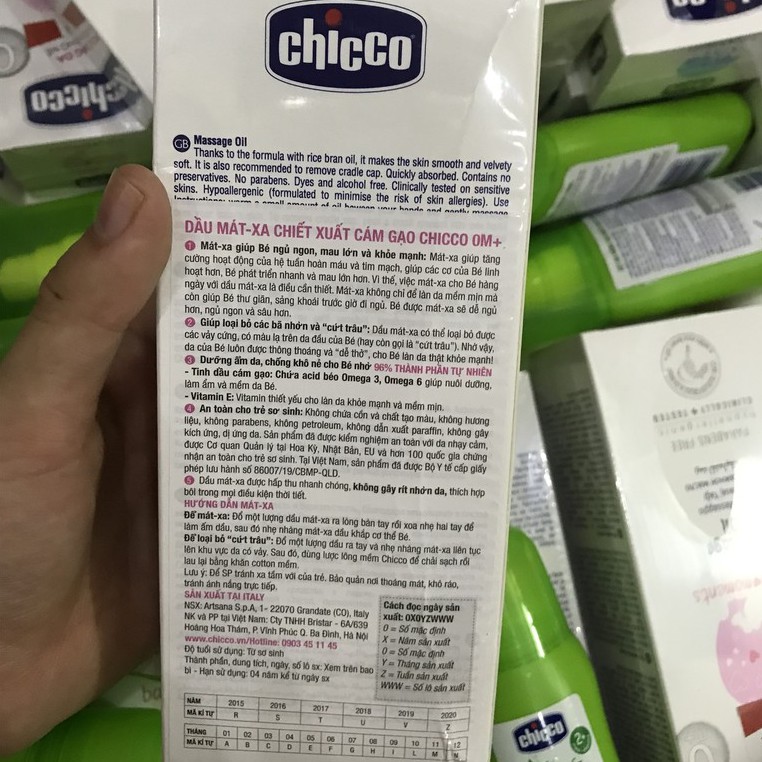 Dầu mát-xa chiết xuất cám gạo 0M+ Chicco 200ml cho trẻ sơ sinh, giúp làm sạch và dưỡng ẩm da, an toàn tuyệt đối cho bé