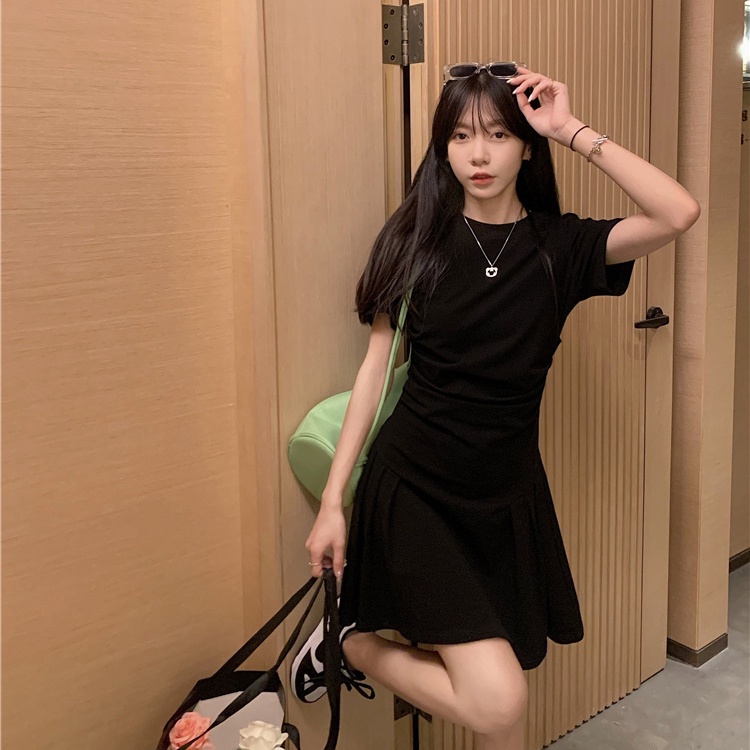IELGY  Đầm Tay Ngắn Cổ Tròn Thiết Kế Không Đồng Đều Thời Trang Dành Cho Nữ