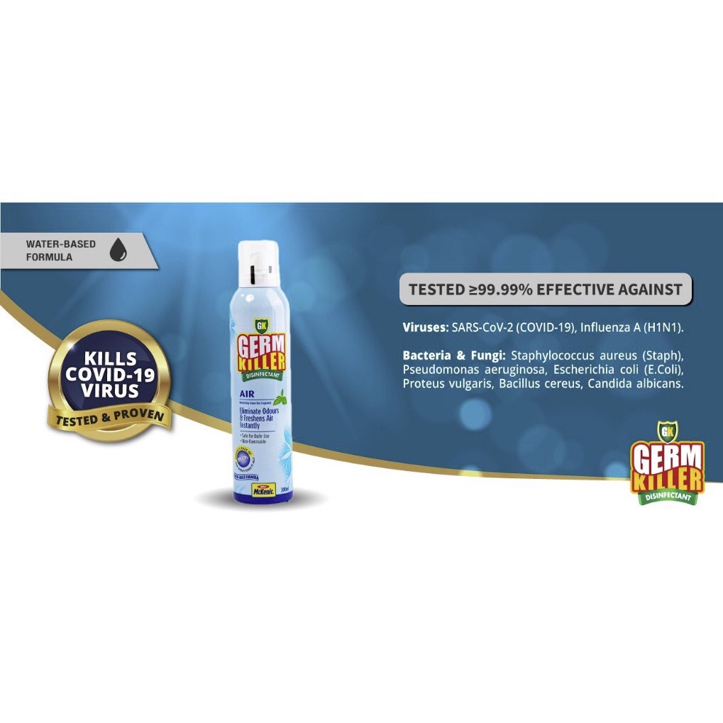 GERM KILLER AIR - Bình xịt diệt vi khuẩn, khử mùi, làm sạch không khí trong không gian kin. Công nghệ Mỹ, sx tại Singapo