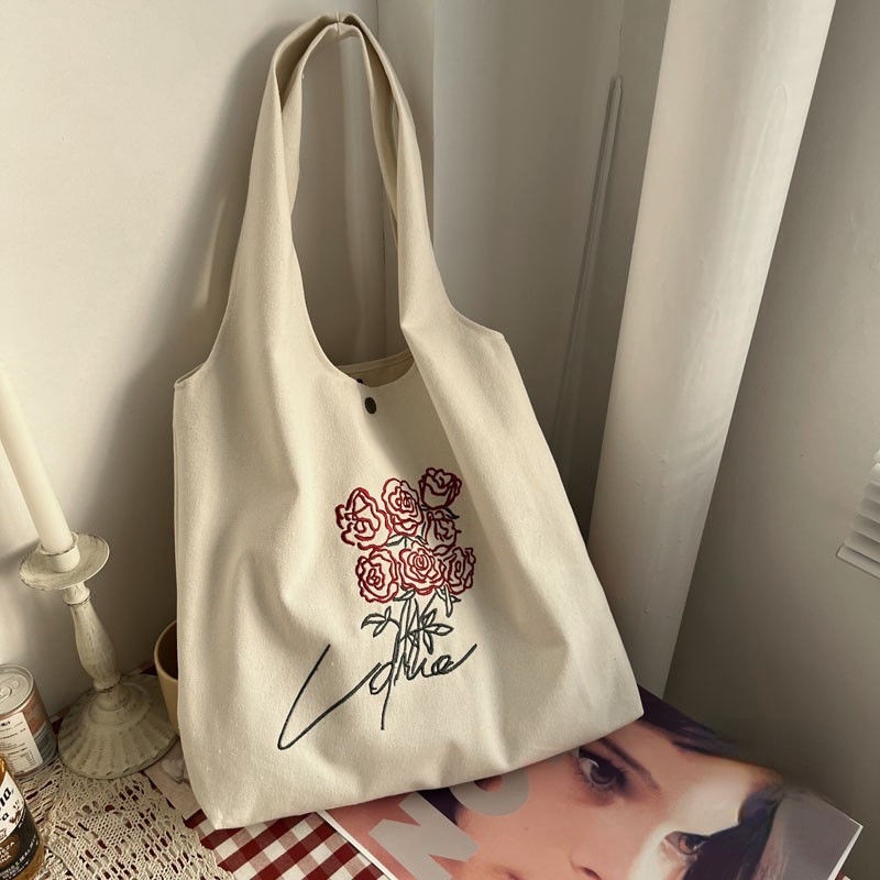 Túi Xách Canvas Sức Chứa Lớn Thêu Họa Tiết Hoa Hồng Dễ Thương Có Khóa Kéo Tiện Dụng