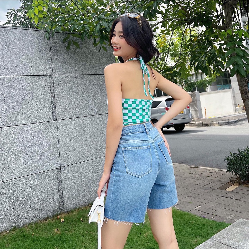 Quần jeans nữ lửng TOPTIFY trơn dáng suông Classic Denim Shorts TQJ42