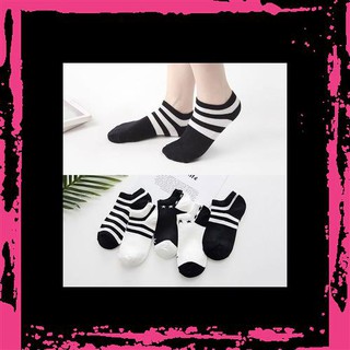 Set 5 đôi tất nữ cổ ngắn trắng đen kẻ sọc ngang