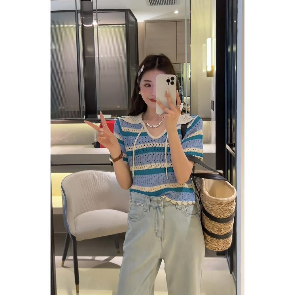 ZHELIHANGFEI Áo Sweater Dệt Kim Cổ Bẻ Cột Dây Màu Sắc Ngọt Ngào Phong Cách Pháp