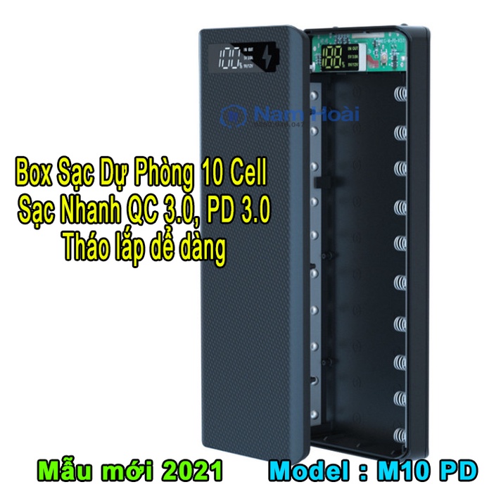 Box sạc dự phòng 10 cell sạc nhanh QC 3.0 PD 3.0 chân cắm type-c micro usb, chống đảo cực