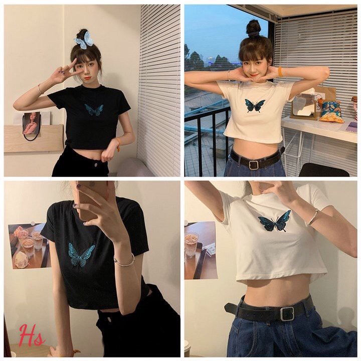 Áo Croptop Họa Tiết Bướm Thêu Chất Liệu Bozip Tàu Hot Trend