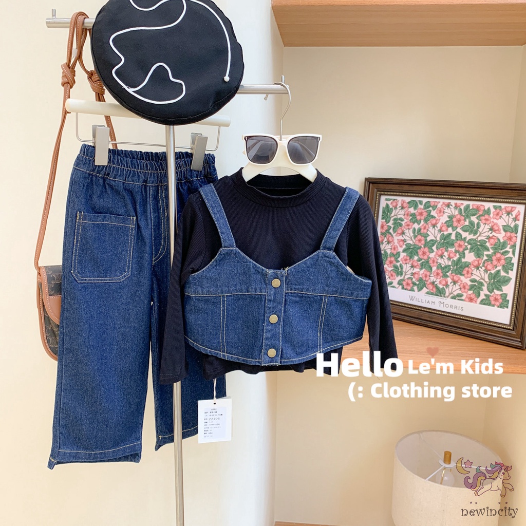Set Đồ Mùa Đông 3 Món Gồm Áo Denim Không Tay + Áo Cổ Lọ + Quần Denim Phong Cách Hàn Quốc Cho Bé Gái