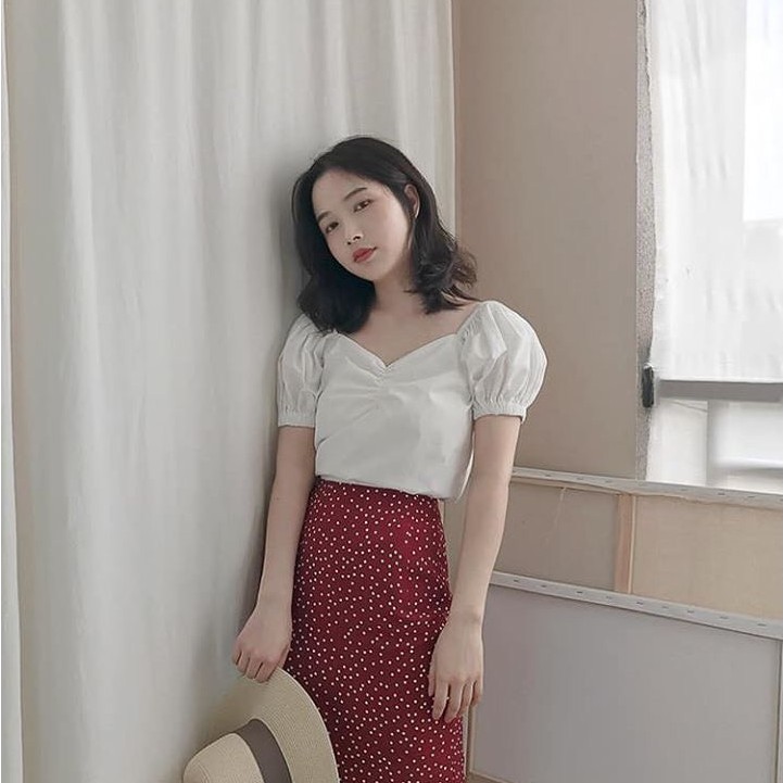 Set váy Hàn Quốc siu xinh, áo trắng tay bồng mix chân váy chấm bi 20Charm