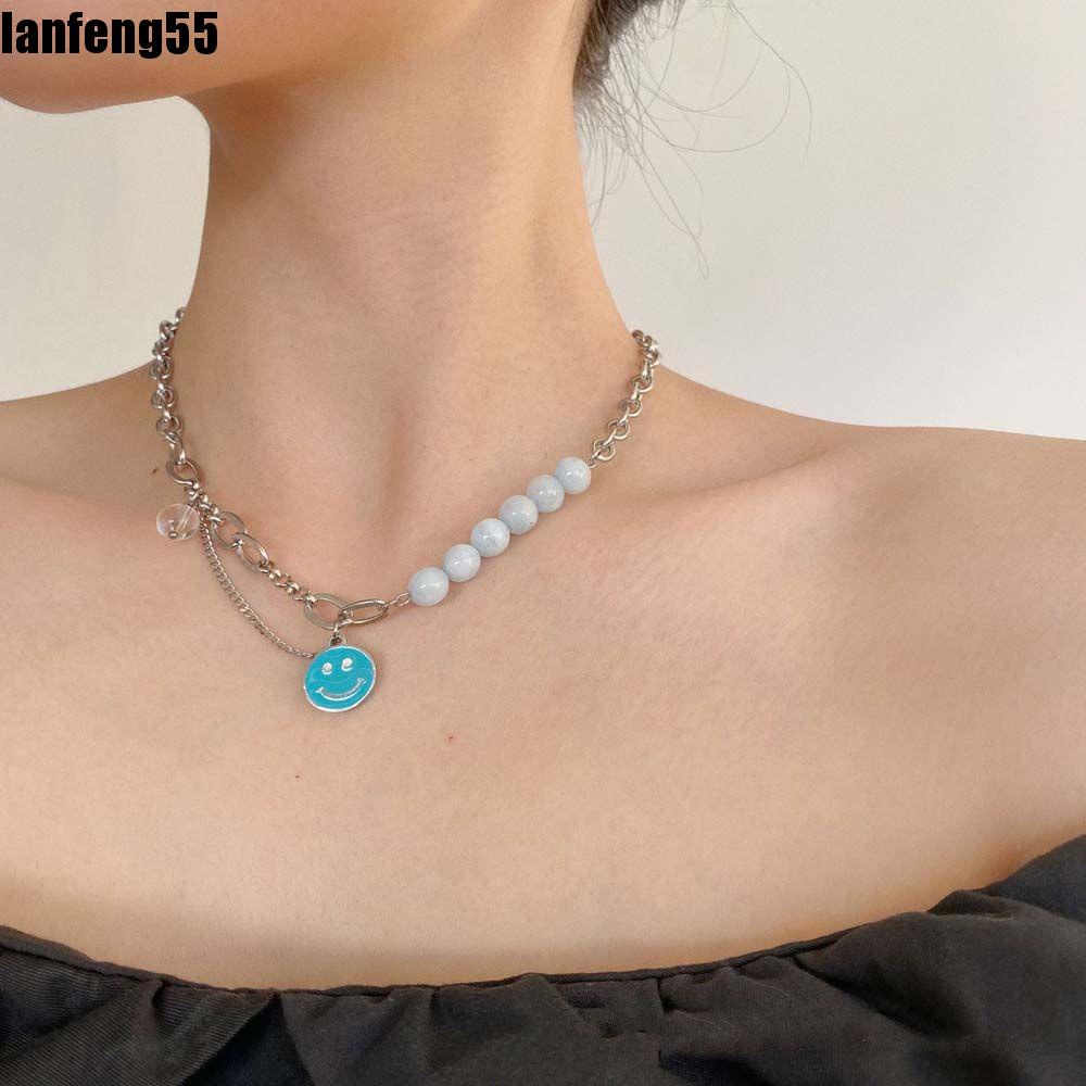 Vòng cổ choker mặt tròn hình mặt cười màu xanh dương phong cách Hàn Quốc thanh lịch cho nữ