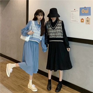 SET VÁY XẾP LY TAY DÀI KÈM ÁO GILE CÙNG MÀU