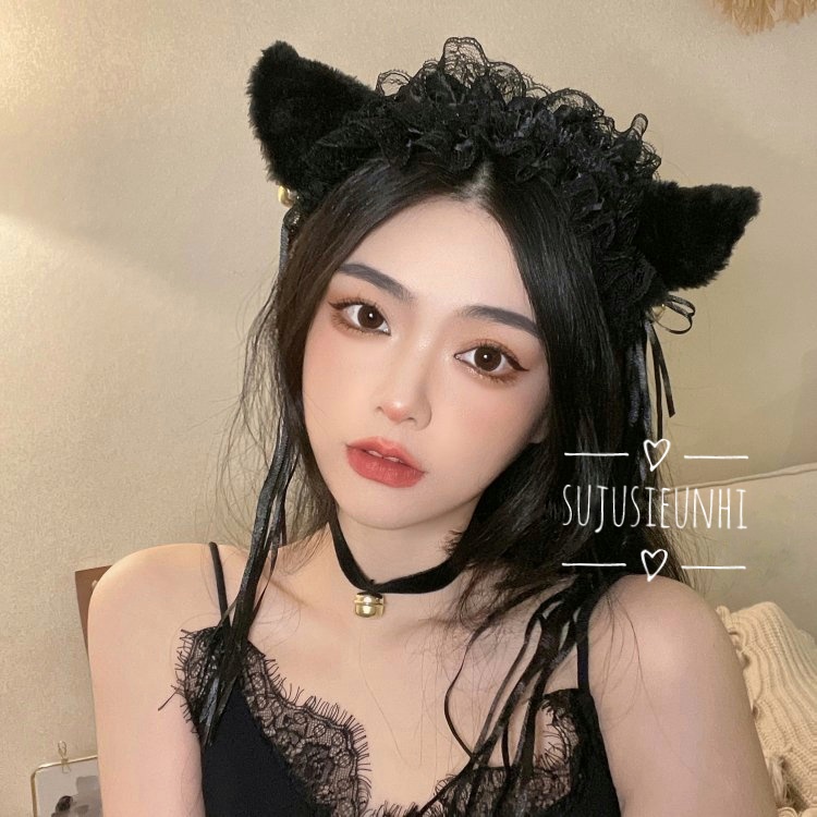 (đen,trắng) Bờm tóc tai mèo đính chuông buộc nơ tua rua thả dài dễ thương, băng đô cosplay nekochan