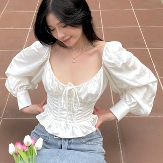 Áo Corset Lụa Tay Phồng Cột Dây Xinh Xắn