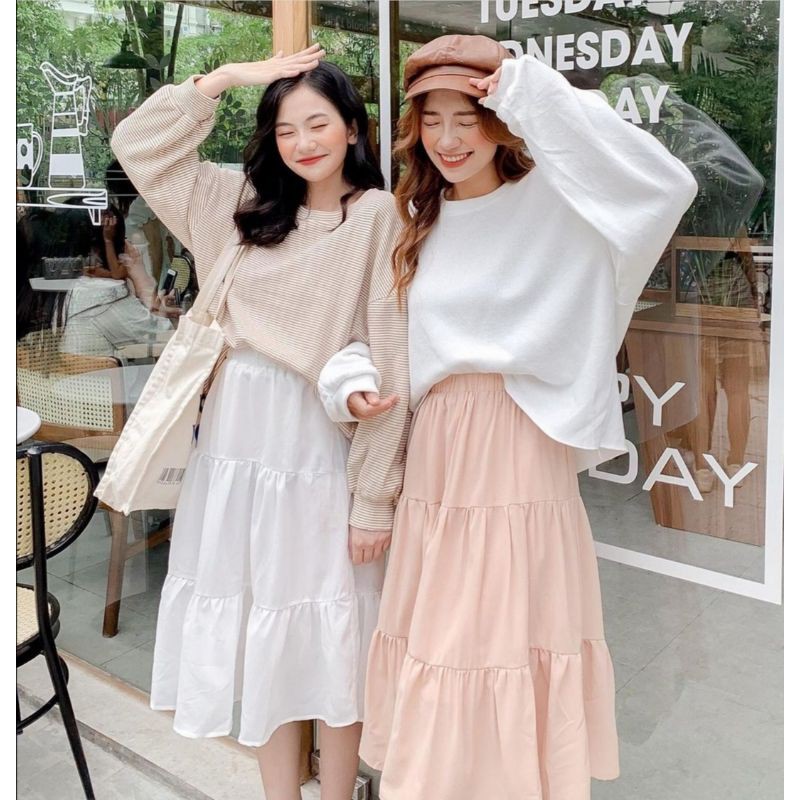 CHÂN VÁY MIDI 3 TẦNG XÒE 2 LỚP VẢI SIÊU CÁT MỊN (Ảnh thật shop chụp & clip cận chất vải) | BigBuy360 - bigbuy360.vn