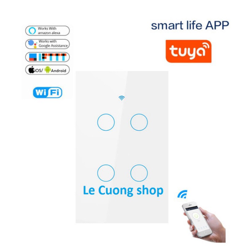 Công Tắc Wifi Smart Switch (Công Tắc Cảm Ứng Âm Tường 4 Kênh Điều Khiển) ,app Smart Life,TUYA