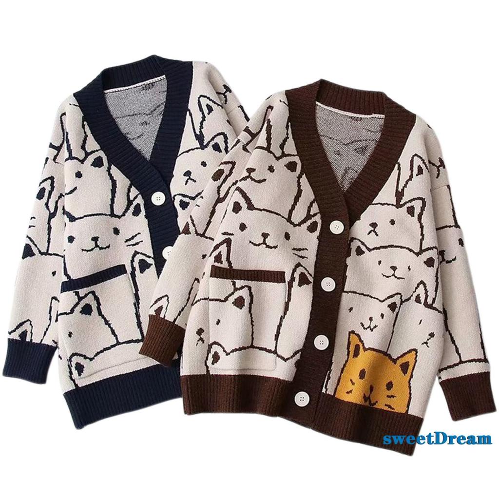 Áo khoác Cardigan dệt kim tay dài cổ chữ V cài nút in họa tiết mèo hoạt hình cho nữ