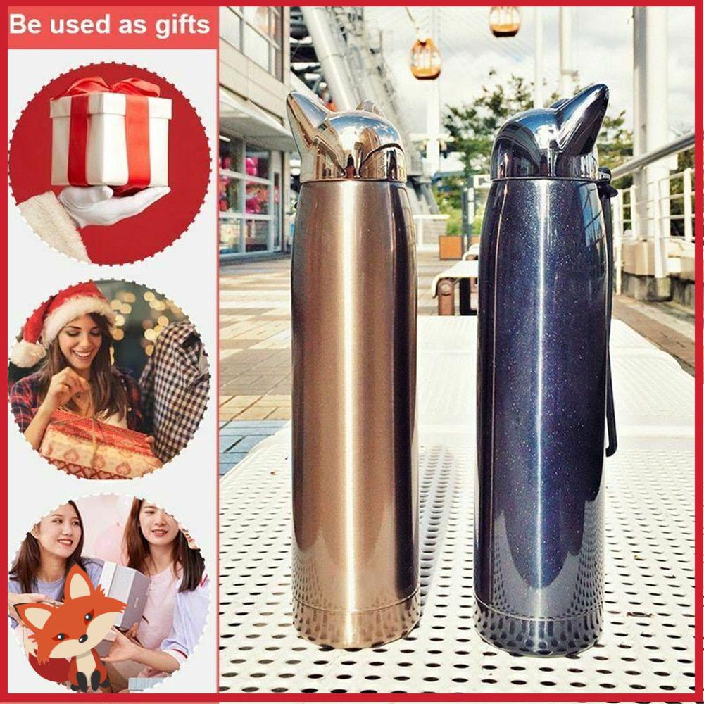 Bình Đựng Nước Giữ Nhiệt Bằng Thép Không Gỉ Họa Tiết Tai Mèo Dễ Thương