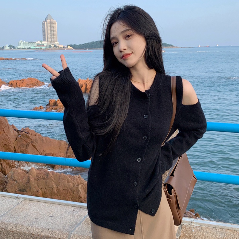 Áo khoác cardigan dệt kim dáng rộng tay dài cổ thuyền cài nút thời trang cho nữ