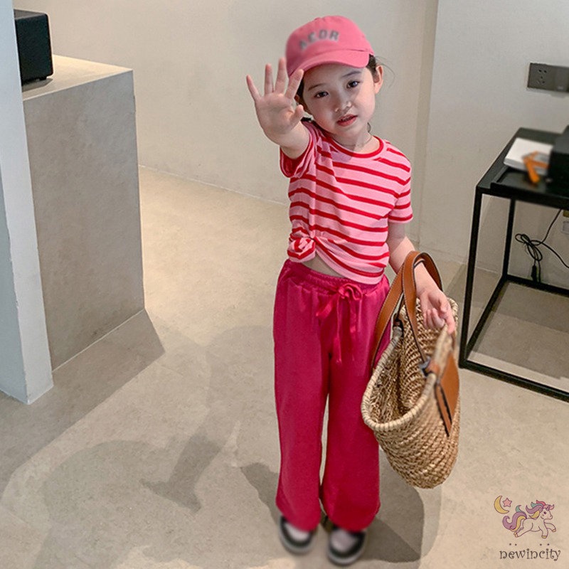 Bộ Đồ 2 Món Áo Tay Ngắn Phối Quần Dài Kiểu Hàn Quốc Thời Trang Mùa Hè Cho Bé Gái