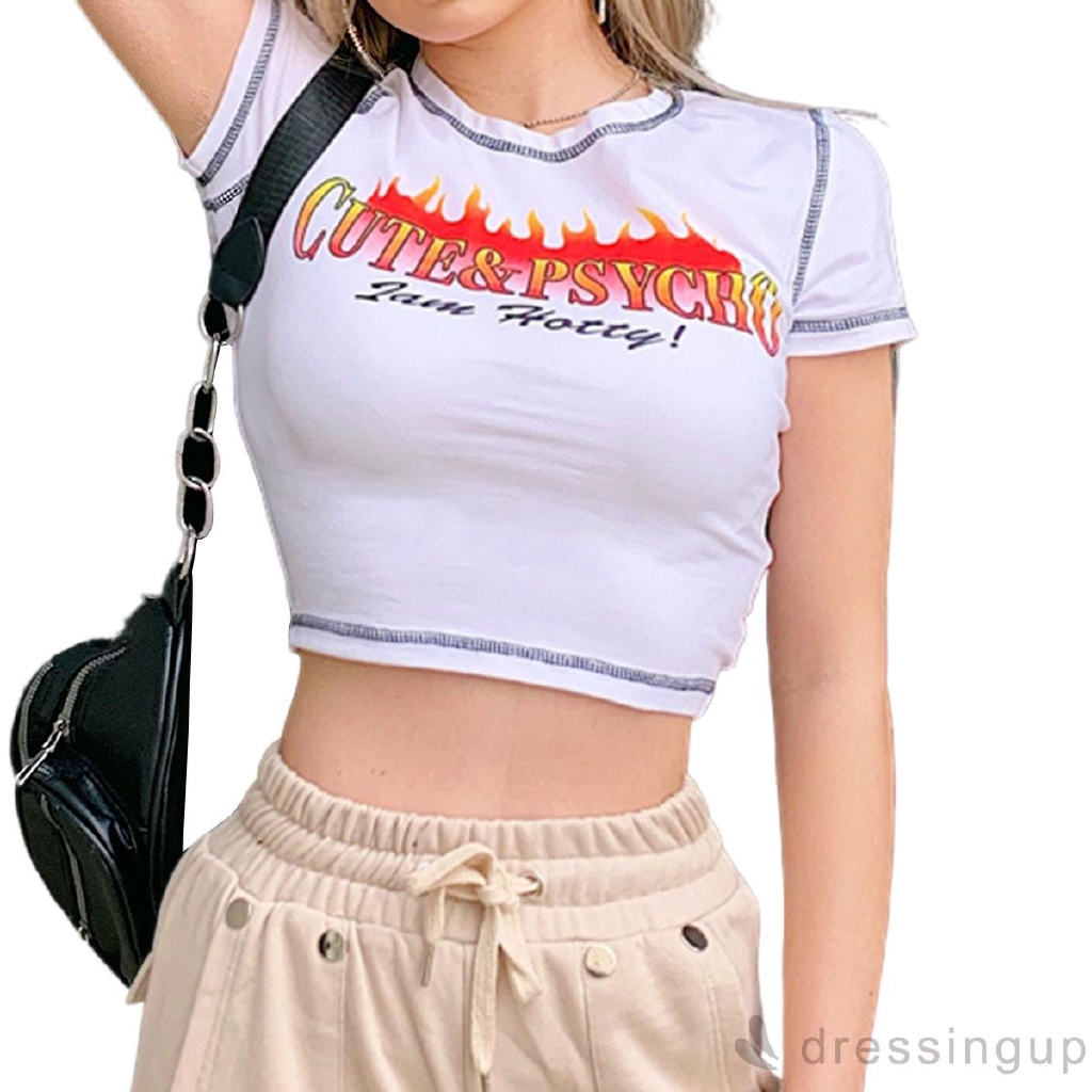Áo Croptop Ngắn Tay In Chữ Cá Tính Dành Cho Nữ