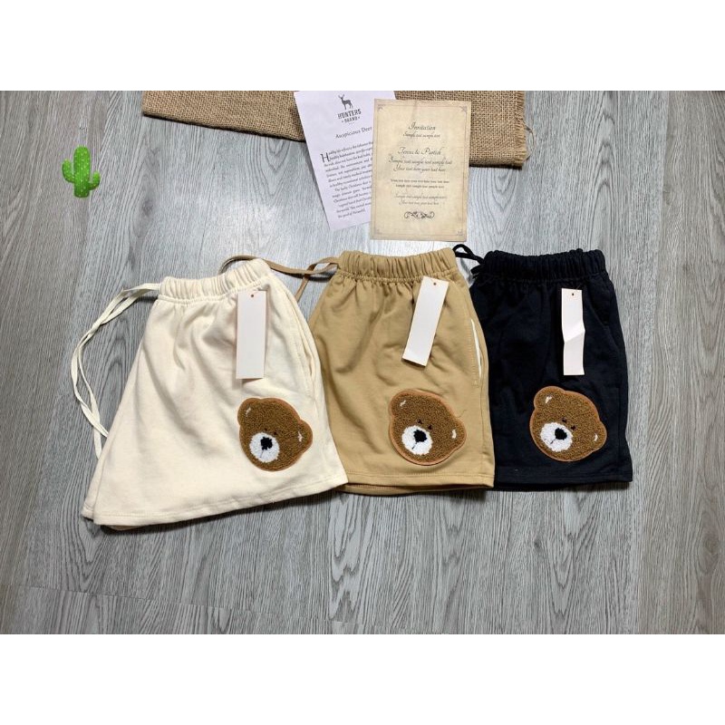 Ảnh thật Quần short lưng cao có dây rút thêu nổi hình gấu,quần tập gym,mặc nhà chất thun co giản thoáng mát ullzang hàn