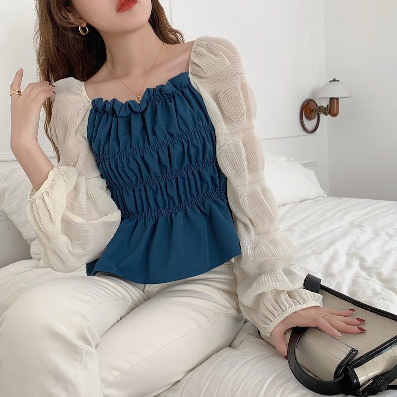 Áo chiffon cổ vuông dài tay dún bèo thời trang cho nữ