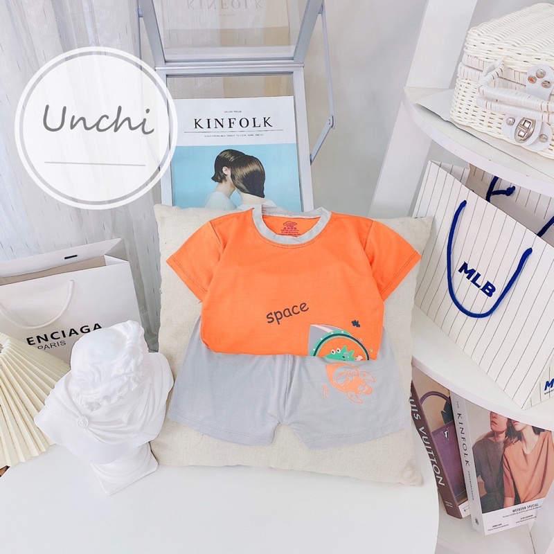 Bộ quần áo cộc tay chui cổ mùa hè vải thun lạnh phối màu Unchi bé trai 6-16kg