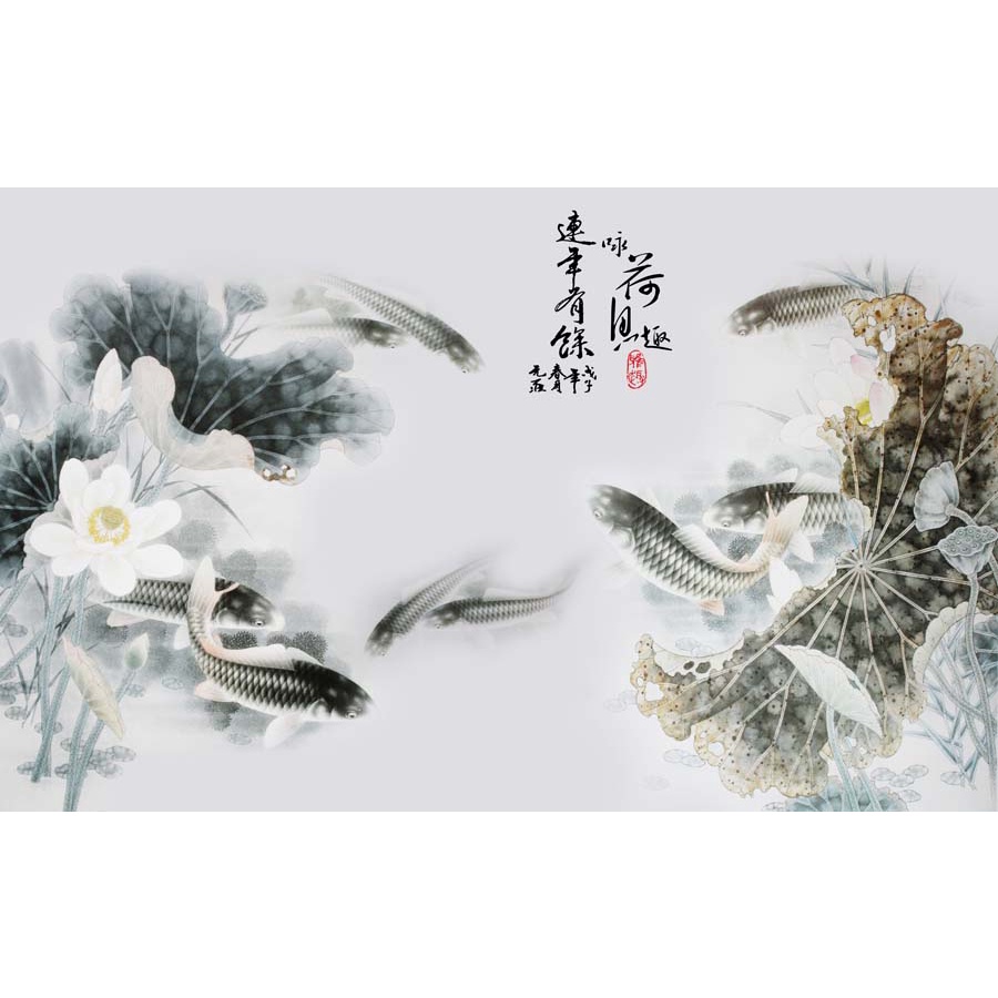 Tranh 3d dán tường chủ đề cá chép cá koi hồ sen thác nước tặng kèm phụ kiện