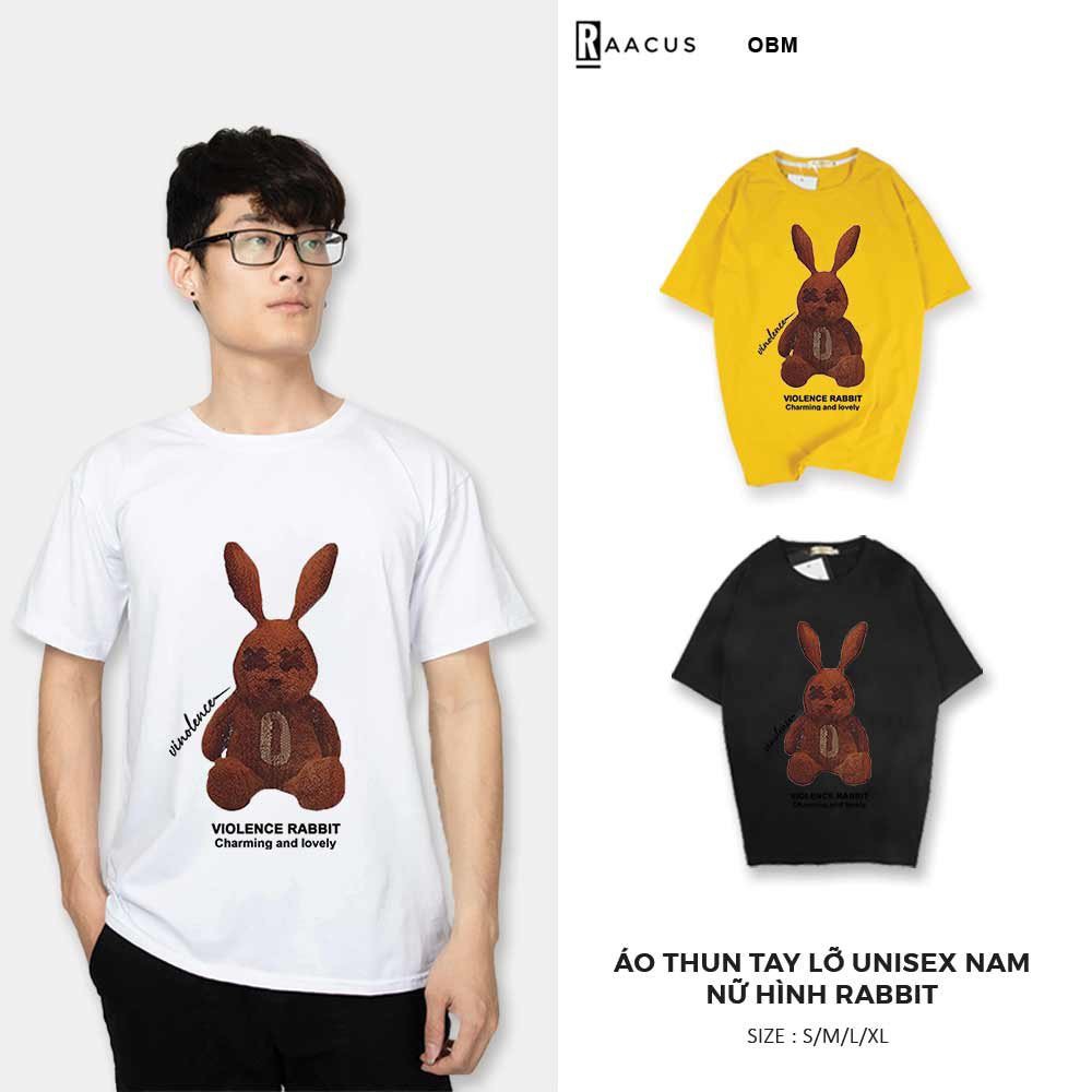 Áo thun unisex nam nữ ngắn tay không cổ form rộng, áo phông tay lỡ hình rabbit RAACUS- A637