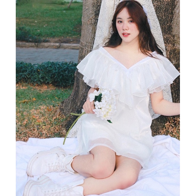 Set đầm dài phồng vai xẻ tà