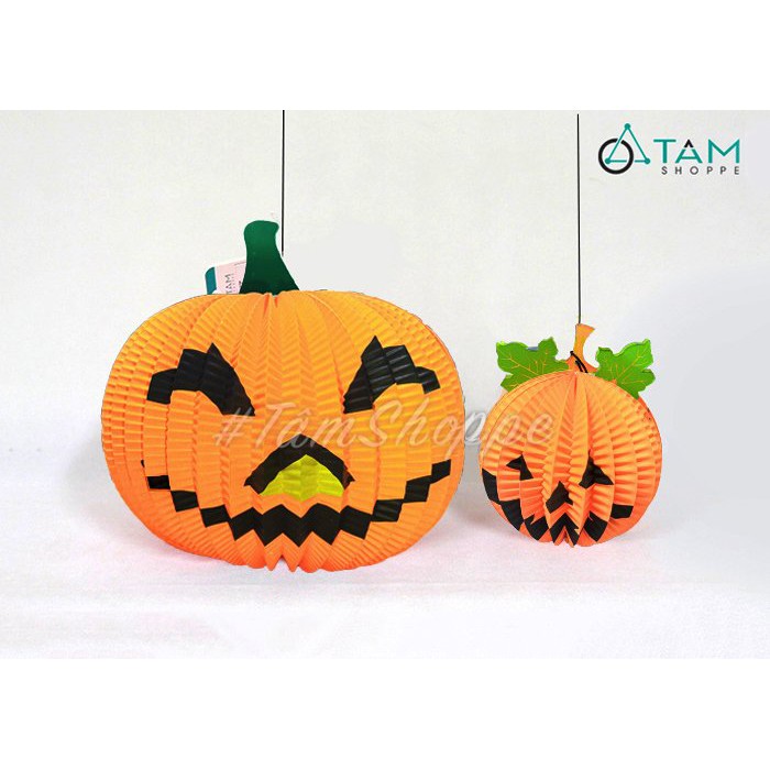 Lồng đèn giấy Halloween trái bí ngô có lá nhiều cỡ HLW-LDG-01