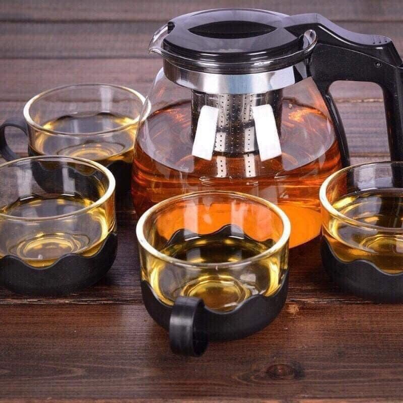 Bộ ấm trà thủy tinh kèm 4 chén có lõi lọc lưới inox dùng để pha trà cafe và ngâm rượu hoa quả