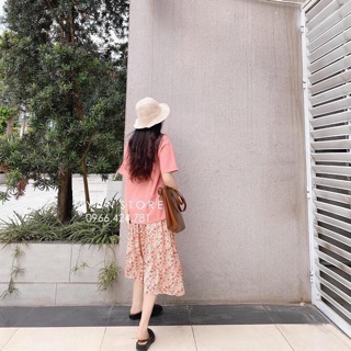 Set áo hồng + chân váy hoa