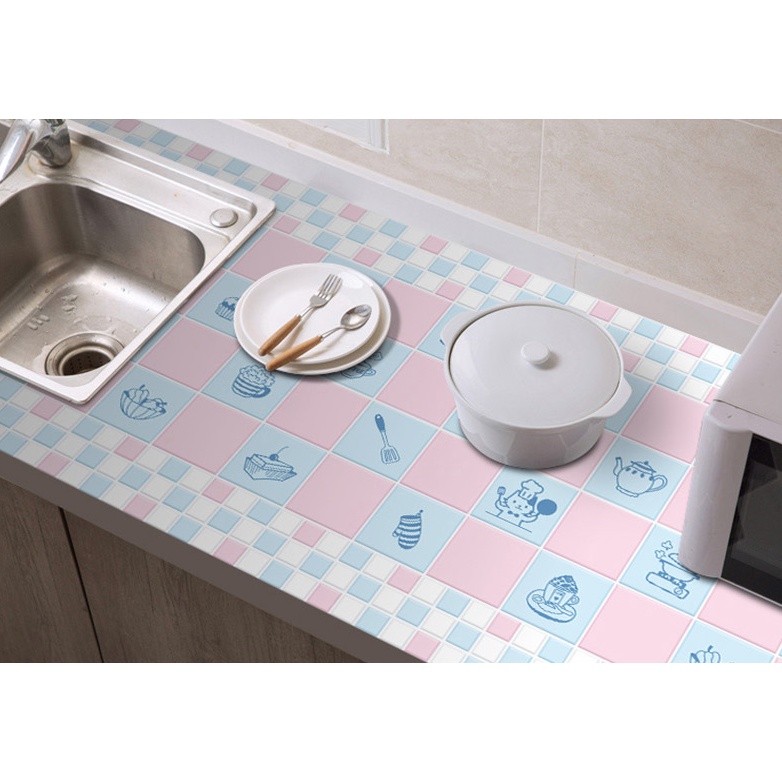 Giấy dán bếp  FREE SHIP  Decal dán bếp Ô VUÔNG TRẮNG HỒNG tráng bạc chịu nhiệt tốt có keo sẵn