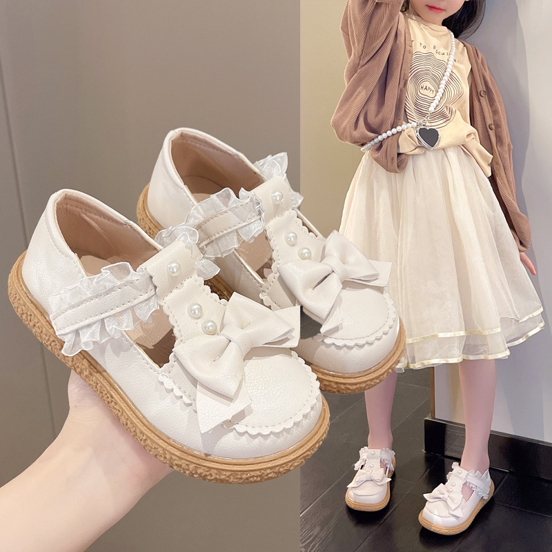 Giày Búp Bê Đế Mềm Chống Trượt Phối Ren Thắt Nơ Dành Cho Bé Gái 3-12 Tuổi