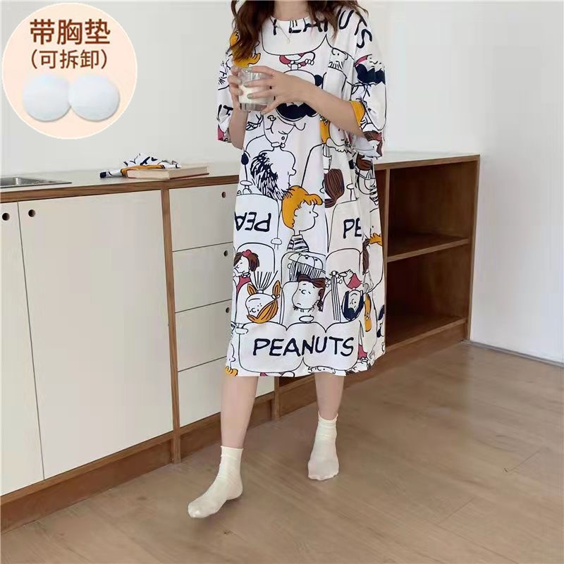 Yuanda [Hàng Có Sẵn] Đầm Ngủ Pajama Mỏng Không Có Đệm Ngực Size Lớn Họa Tiết Hoạt Hình Dành Cho Học Sinh Mặc Ở Ngoài Nhà