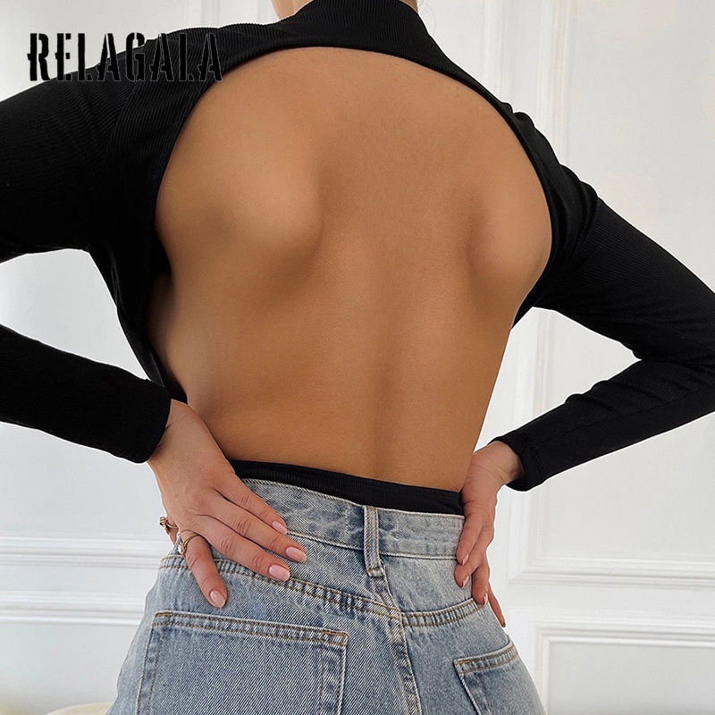 Áo Liền Quần Cổ Tròn Hở Lưng Tay Dài Màu Trơn Thời Trang Cho Nữ | BigBuy360 - bigbuy360.vn