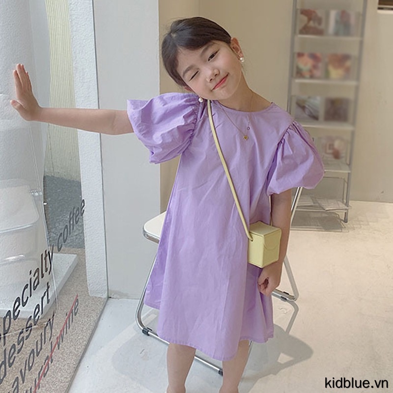Đầm Chữ A Tay Phồng Ngắn Lưng Thắt Nơ Dành Cho Bé Gái 3-8 Tuổi
