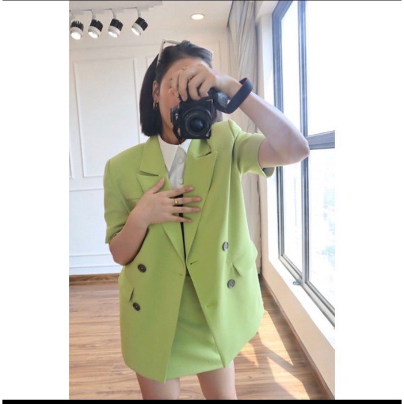 Bộ - Áo blazer nữ & Váy A  - chất liệu cao cấp, 2 lớp, lót lụa mềm, XANH BƠ - Tiệm may Diluclothing