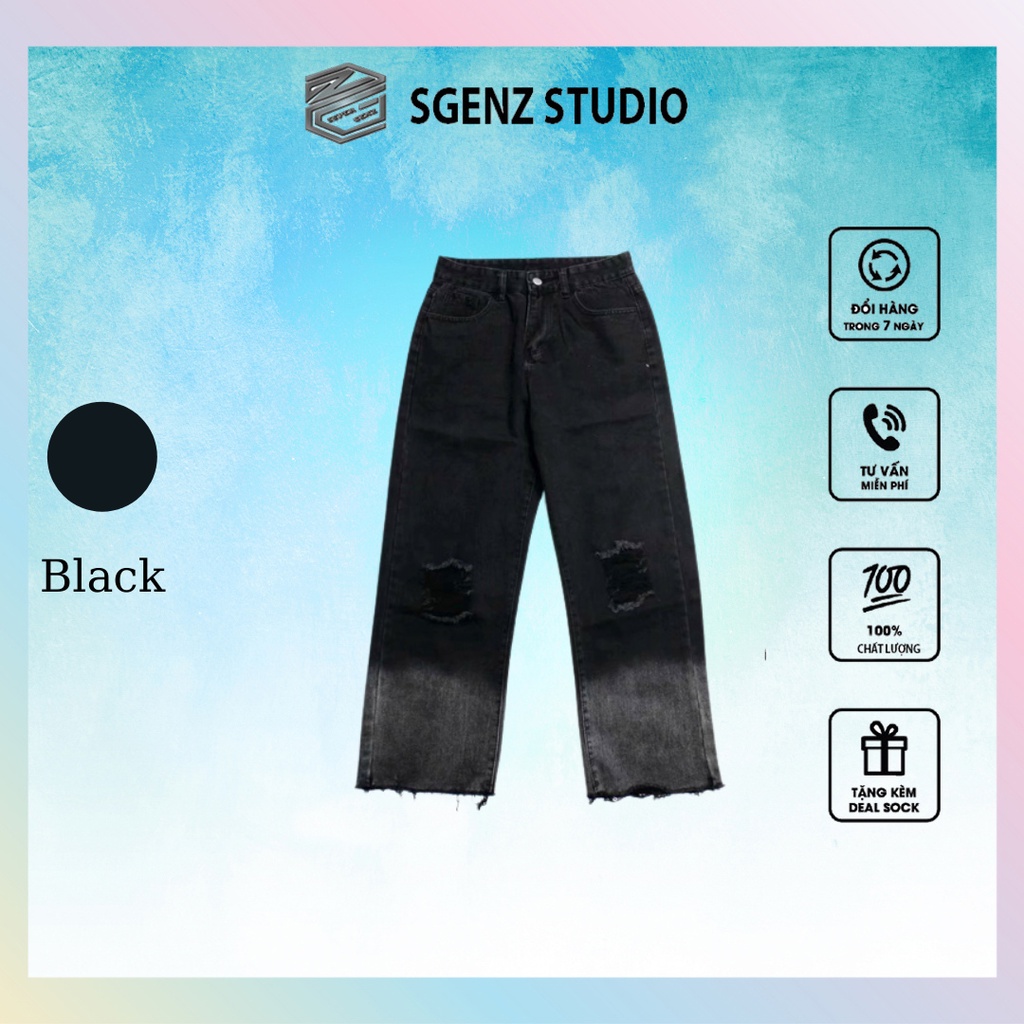 Free Ship Quần JEAN đen ống suông rộng rách gối 2 phong cách streetwear độc và lạ