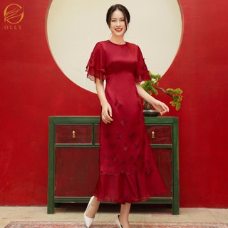 Set áo dài cắt ladez họa tiết bướm + quần váy áo dài ống loe OLLY OLAD20.002