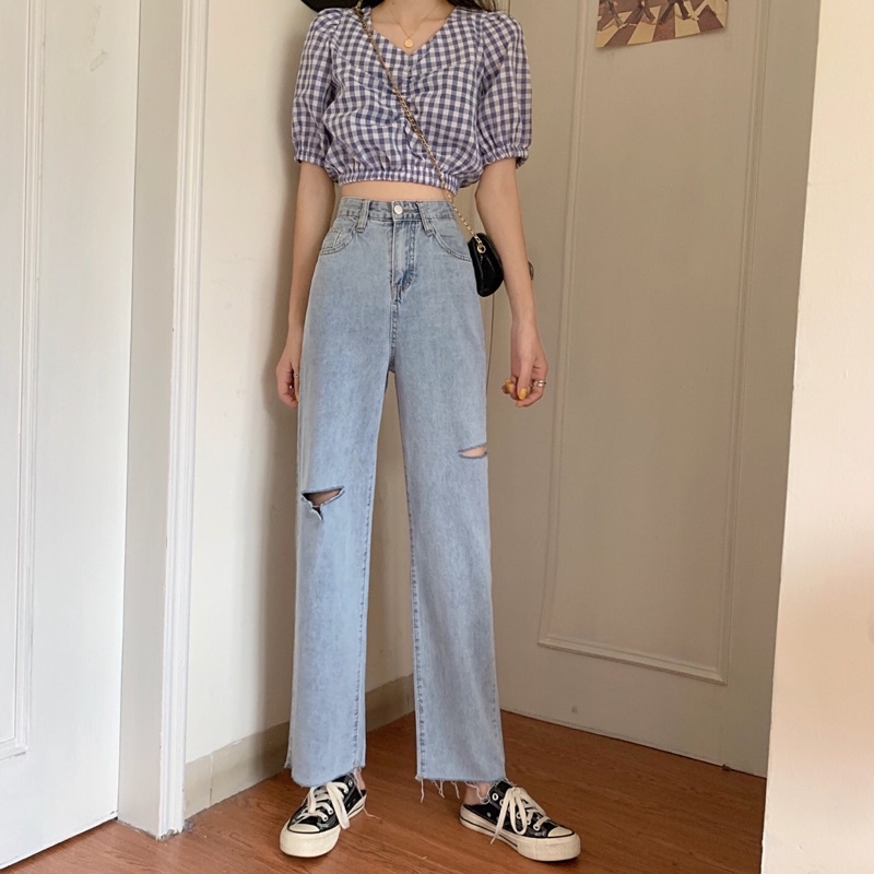 {HCM / CÓ SẴN} QUẦN JEAN NỮ ULZZANG ỐNG SUÔNG RÁCH GỐI LAI TUA SIZE M Q004
