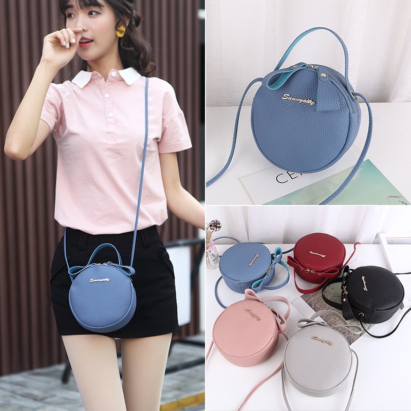 Túi Xách Da PU Đeo Chéo Hình Tròn Sức Chứa Lớn Thiết Kế Đơn Giản Có Khóa Kéo Thời Trang Cho Nữ