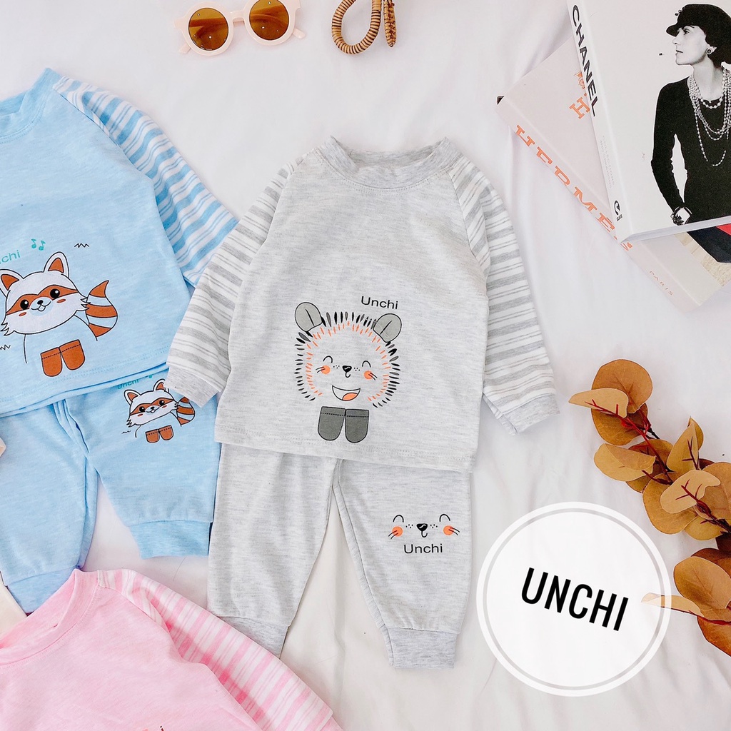 Bộ cotton nỉ Unchi dày dặn tay kẻ hình thú cổ 3p cho bé sơ sinh - 14kg SABOMART