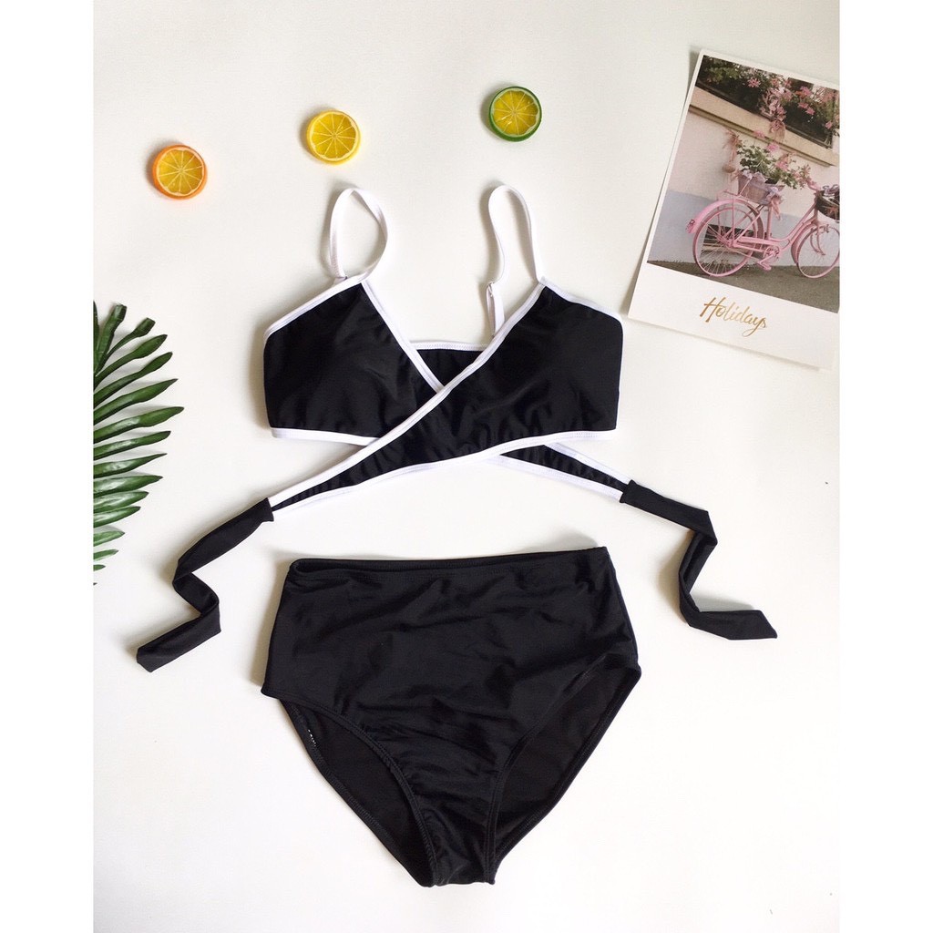 Bikini bộ đồ bơi đi biển dành cho nữ hai mảnh áo buộc chéo màu đen viền trắng | BigBuy360 - bigbuy360.vn