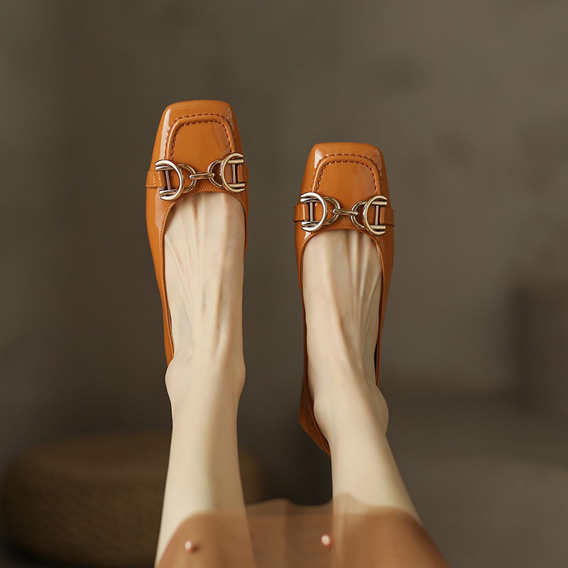 Siêu Đẹp ~ Da Cừu Mềm!Giày Búp Bê Đế Mềm Thấp Mũi Vuông Màu Bí Ngô Phong Cách Mới 2022 Cho Nữ