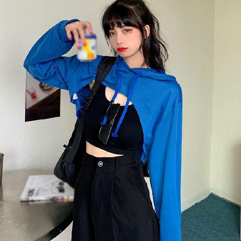 Áo Hoodie Lửng Tay Dài Màu Trơn Thiết Kế Độc Đáo Cá Tính Cho Nữ | BigBuy360 - bigbuy360.vn