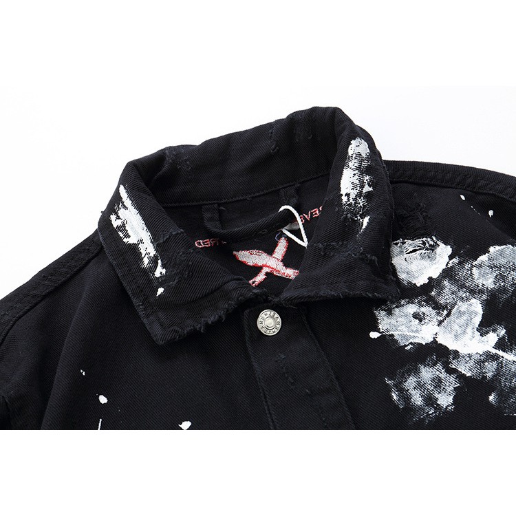 Men Street Hip Hop Paint Graffiti Black Ripped Denim Jacket For Men Spring Personality Long Sleeve Basic Jean Jacket